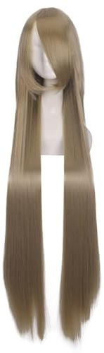 Namzi Echthaar-Perücke, gerade, mit Pony, hitzebeständig, bunt, für Cosplay, Kostüm, Party, Alltag, 100 cm, Hellbraun, 100 cm