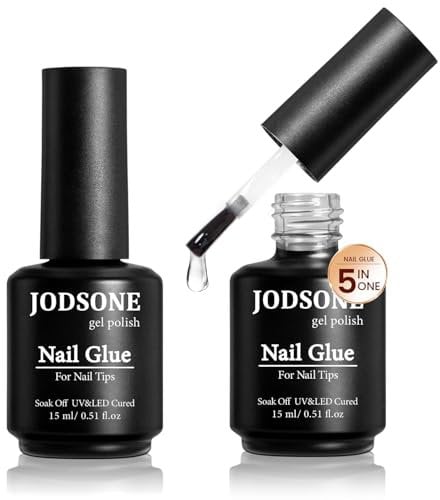 JODSONE 2 Pcs 15ml Gel Nail Glue, 5 In 1 Nail Glue Kit for Acrylic Nails, Super Strong Brush in Nail Gel Glue for False Nails Tips