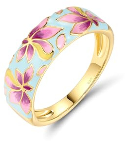 Santuzza 925 Sterling Silver Pink Lily Statement Ring Enamel Flowers Band Ring for Women(9)
