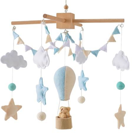 Hölz Babybett Mobile Baby Windspiel mit Filzbällen Wolke und Stern Babyzimmer Mobile, Mobile Baby Holz mit 3D Filz Heißluftballon, Geschenk für Neugeborenen Junge Mädchen (maozhanlan,1 pcs)