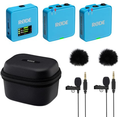 Rode Wireless GO Gen 3 Drahtloses 2-Kanal Mikrofon-Funksystem Blau mit Charge Case + 2X Lavalier GO Mikrofon und 2X Fell-Windschutz