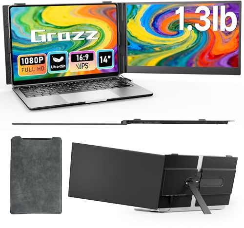 Grazz Laptop Screen Extender Ultra Thin - 14 inch Portable Lightweight Monitors IPS FHD 1080P Extended Dual Monitor for 13-17.3 Laptops Type-C/HDMI/USB-A Compatible with Windows Mac