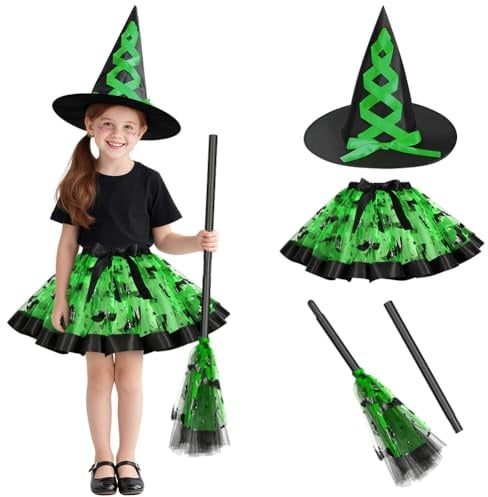DiULi Disfraz de Bruja Niña, Falda de Brujas de 3 Piezas, Traje de Witch Niños, Falda de Tutú Halloween Set con Sombrero de Bruja Plegable y Escoba para Fiesta, Cumpleaños, Carnaval, Cosplay