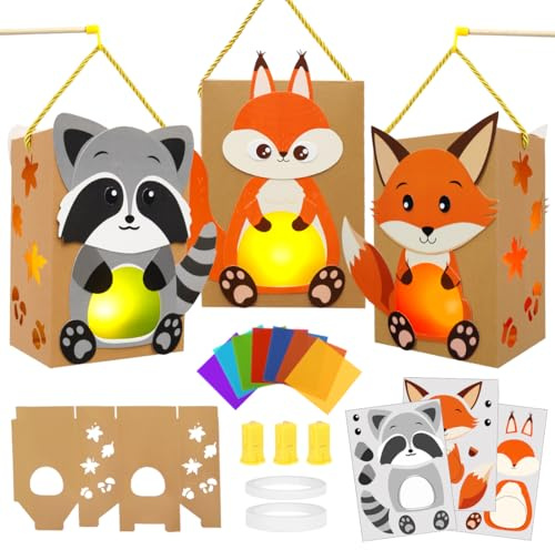 Sprinlot 3 Stück Laternen Bastelsets, Tierische Papierlaternen, Laterne Fuchs Eichhörnchen und Waschbär, Martins Laternenfest Geschenk
