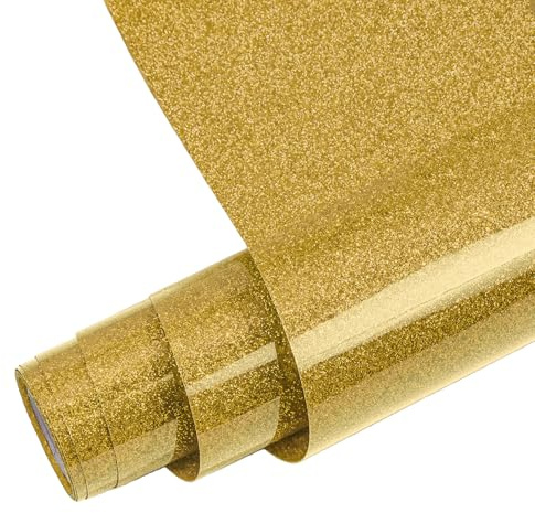 FORBELL Glitzer Plotterfolie Textil, 30.5cm×1.5m Transferfolie textil für DIY-T-Shirts, Kleidung und Textilien (Glitzer Gold)