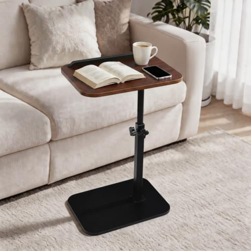 comfoyar C Shaped Side Table Adjustable Height, 360° Swivel 180° Flip Bedside Table with Slat for Sofa Bathtub, Laptop Stand TV Coffee Sofa Tray End Table for Snack Drinks Eating, Small Space, Brown