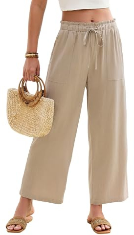 CMTOP Leinenhose Damen Sommerhose Leicht und Luftig Sommer 7/8 Hose Elegant Gerade Leinen Hose Elastischem Bund Freizeithose Loose Strandhose mit Taschen Kordelzug Bequeme Stoffhose