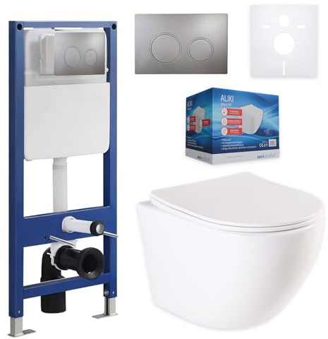 sanicomfort Wand WC-Set Aliki + Vorwandelement inkl. runder Betätigungsplatte dunkelgrau | Unterputz-Komplettset mit 2-Mengen-Spülung | Hygienische Keramik & stabile Montage