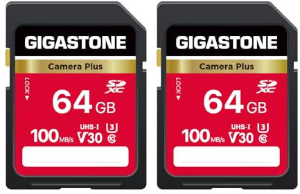 GIGASTONE 64GB SDXC Speicherkarte 2er-Pack, Kamera Plus, bis zu 100 MB/s, für Videoaufnahmen mit Digitalkameras von Canon Olympus, V30 UHS-I U3 Klasse 10