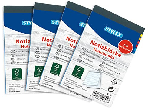 Stylex 40604 - Notizblock kariert, DIN A7, FSC-zertifiziertes Papier, 4 Stück