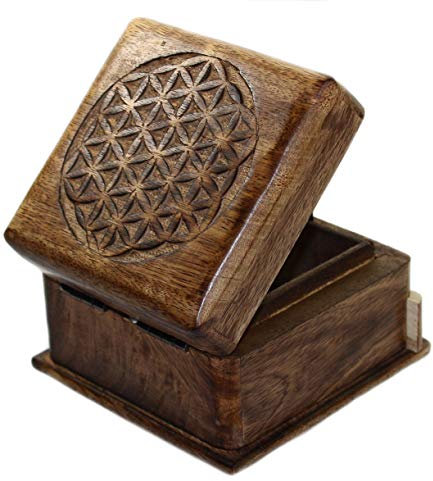 a- Budawi® Trickbox Holztruhe Holzbox aus Mangoholz Motiv Blume des Lebens aus Indien mit geheimen Trick zum öffnen Schmuckschatulle Schachtel Wooden Box Holzkiste