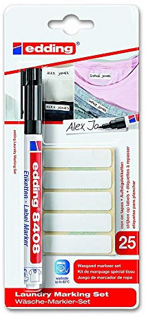 edding 8408 Wäschekennzeichnungsset - schwarz - 1 Stift - Rundfeder 0,75 mm, 25 x Namensschilder zum Aufbügeln - zum Kennzeichnen von Etiketten für Kleidung