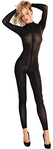 Womens Open Crotch Overalls Sexy Doppel Reißverschluss lange Ärmel Bodystocking hohe elastische Öl Bright Strumpfhosen Body (Schwarz)