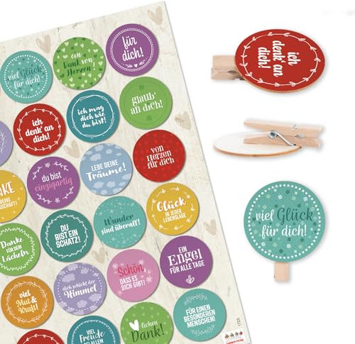 Logbuch-Verlag 24 Deko Klammern mit Sprüchen Motivation Sticker Holzklammer für Geschenke Kleinigkeit schenken Freundschaft Ø 4 cm