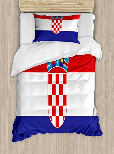 ABAKUHAUS Kroatien Bettbezugs Set für Einzelbetten, Einfaches Design Flagge Druck, Milbensicher Allergiker geeignet mit Kissenbezug, 130 x 200 cm, Indigo Weiß