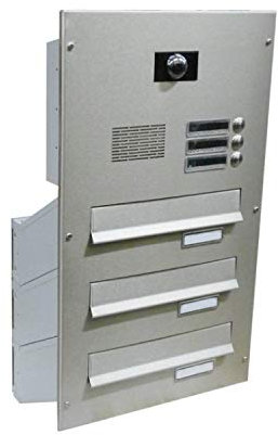 D-041 3er Edelstahl Mauerdurchwurf Briefkastenanlage mit Klingeln, Sprechsieb & Kamera (Tiefe: 23-38 cm) - LETTERBOX24.de