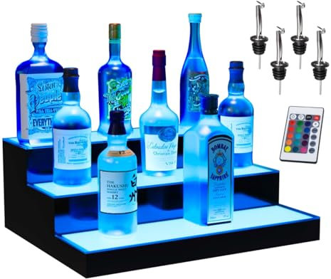 Boss Premium® BarUSA™ LED Lighted Bar Shelf Display Liquor Bottle Alcohol Whiskey Shelves Rack Stand Tray Units for Home Bar Living Room Accessories and Decor - Designed in USA (3-Step, 16 Inch)