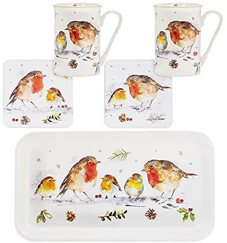 Leonardo Collection 5 Piece Set Winter Robins 2 Fine China Mugs 2 Matching Coasters and Tray.