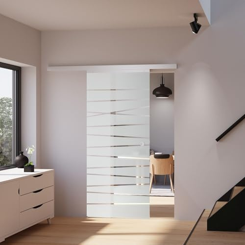 inova Glasschiebetür Komplettset 880 x 2035 mm gestreift satiniert mit Alu Laufschiene und Griff-muschel inkl. 2seitiger Softclose