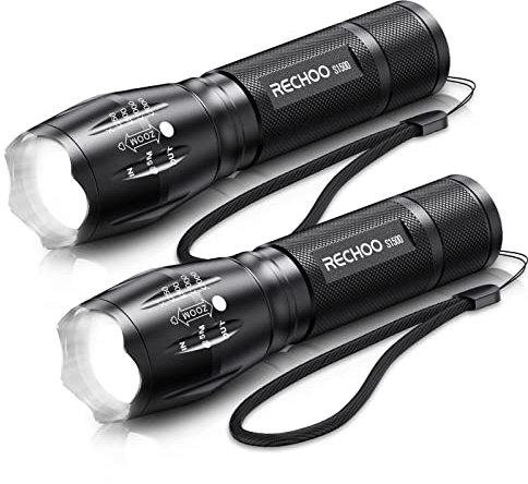 RECHOO LED Torch 2000 Lumen, 2 Pack Small Torches Led Super Bright with 5 Modes, Water Resistant, Zoomable Battery Powered Torches Flashlight for Kids Camping Fishing Gift Emergency
