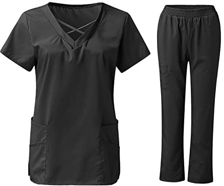 thuthu Damen 2-Teiliges Set Einfarbig Kurzarm Casual V-Ausschnitt Top Und Hose Mit Taschen Pflege Kasack Und Hosen Pflegeuniform Arbeitsuniform Set Berufsbekleidung Kasacks Set