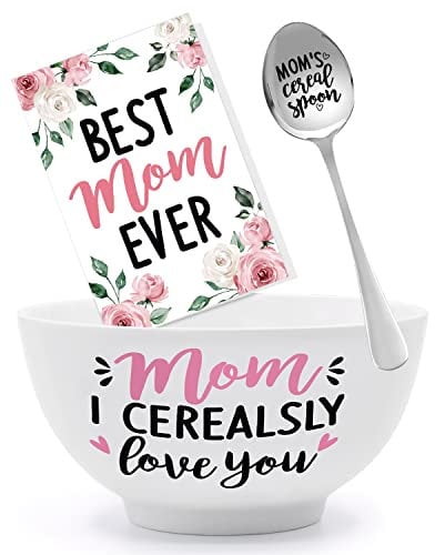 Müslischale und Löffel-Set mit Aufschrift Best Mom Ever (in englischer Sprache), für Weihnachten, Muttertag, Geburtstag, Gravur, Geschenkbox, Korb, Idee für sie, Müsli, Liebe, Mutter, Geschenk,