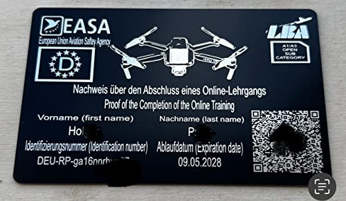 Drohnenfüherschein auf einer Aluminium Karte als Lasergravur, Kompetenznachweis des LBA, QR code, A1/A3 & A2, Schwarz