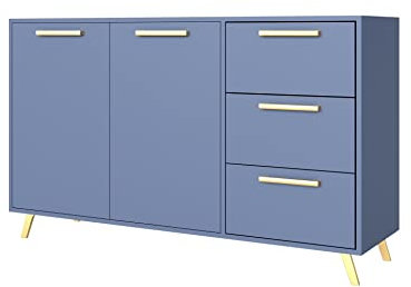 ML Furniture Ltd Kommode mit Schubladen Bali 140 cm Sideboard, Schubladenschrank, Komodenschrank mit Türen und 3 Schubladen Farbe: Blau