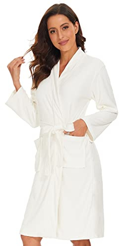 vislivin Leichter Bademantel Damen Frottee Bademantel Sauna Morgenmantel Knielanger Saunamantel Bathrobe Damen Weiß L