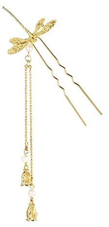 Quaste Legierung Libelle Form U-förmige Haarnadel Retro Schmuck Haarnadel Mädchen Geschenk Elegante Haarnadel Zubehör Klassische Antike Jewe Haarkrallen ( Color : Gold With Tassel , Size : Taille uniq