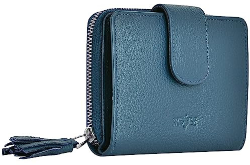 Geldbörse aus reinem Leder für Damen (Biking Red), RFID-Geldbörse für Damen, stilvoll, Clutch, 12 + 2 Kartenfächer, Geldbörse für Damen mit Knopfverschluss, Blau, Standard