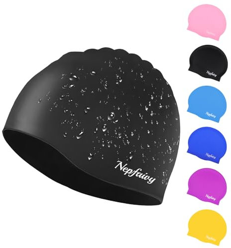 Nepfaivy Kids Swimming Cap Waterproof - Updated Size Silicone Swimming Hat Kids, Comfortable Anti Slip Boys and Girls Swimming Cap, Stretchable and Durable Swim Cap for Kids 6-14 Years (Black)