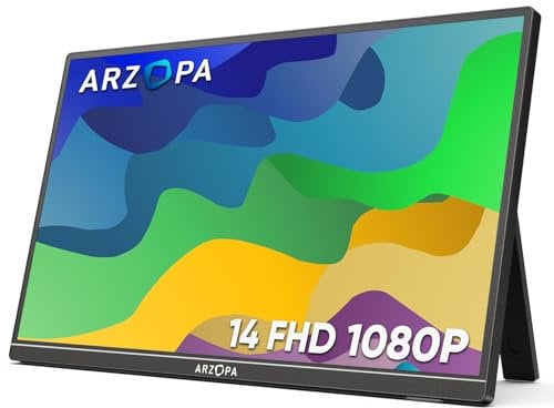 ARZOPA Portable Monitor Kickstand, 14.0 Ultra Slim Portable Laptop Monitor FHD 1080P External Display with Dual Speakers Second Screen for Laptop PC Phone Xbox PS4/5 Switch - A1S