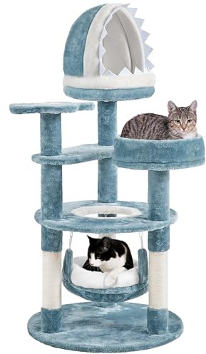 Yaheetech Arbre à Chat Bleu Thème Marin Hauteur 115cm avec Niche Requin Plateforme Poisson Jeux pour Chat Idéal pour 1-2 Chats