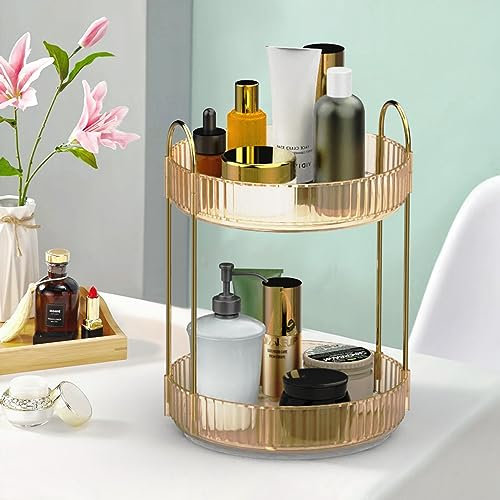 Kssvzz Make up Organizer Drehbar, Skincare Organizer, 360 Kosmetik Organizer, Multifunktional Organizer für Schminktisch, Schlafzimmer, Badezimmer(Gold, 2 Tier)