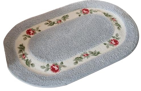 Pretty Floral Ländlicher Stil Teppich, weich, rutschfest, bestickt, oval, Fußmatte, Badvorleger, Badezimmer, Duschvorleger, Schlafzimmer, Wohnzimmer, 50 x 80 cm, Blau