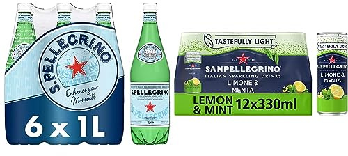 San Pellegrino Sparkling Natural Mineral Water 6x1L & San Pellegrino Italian Tastefully Light Sparkling Lemon & Mint Canned Soft Drink 12 x 330ml | 74 kCals per Can