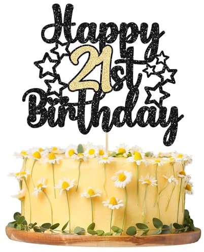 Gyufise 1Pc Happy 21st Birthday Cake Topper Black Gold Glitter Cheers to 21 Years Birthday Cake Pick 21 Fabulous Cake Decoration for Birthday Theme Happy 21st Birthday Party Supplies