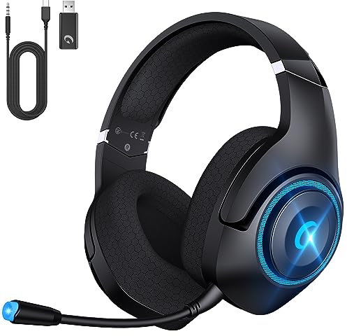 Wireless Gaming Headset for PS5/PC/MAC, 2.4GHz Gaming Headphones Bluetooth With Detachable Noise Cancelling Miccrophone, Wireless Headphones With 3D Surround, 3.5mm Wired Jack for Xbox One Series