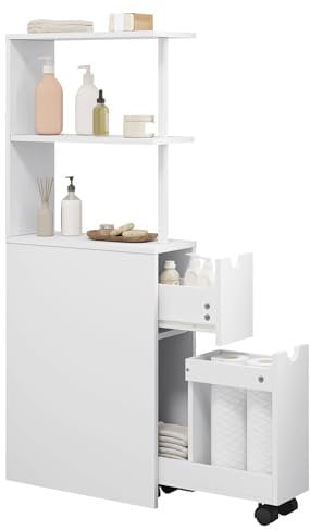 EUGAD Nischenschrank Badezimmer, mit Schublade auf Rollen, offenen Ablagen, Badschrank Badezimmerschrank schmal, Seitenschrank Küchenschrank Mehrzweckschrank, Weiß, 19x113x45 cm (BxHxT)