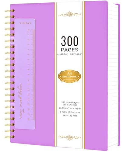 NIRMIRO A4 Notebook Notepad Hardback, Spiral Notebooks Wirebound Note Books for Women Men Office School, 300 Pages/150 Sheets 100GSM Lined Paper, PVC Waterproof Cover, 21 x 28.5cm, Purple