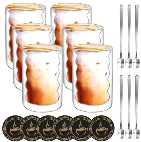 Gowkeey Lot de 6 Tasse a Cafe Double Paroi, 350ML Tasse Double Paroi,Verre Strié, avec 6 Cuillères et 6 Sous-Verres, Ensemble de Verre Double Paroi pour Café, Jus,Latte Cappuccino