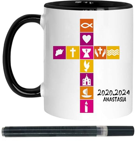 Taza de comunión, taza de confirmación personalizada, con bolígrafo de cerámica, regalo de comunión para niños y niñas (cruz rosa)