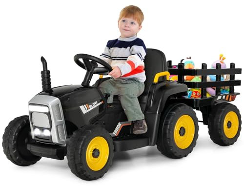 GOPLUS 12V Kinder Elektrischer Traktor mit Anhänger, 3-Gang Elektrofahrzeug mit Fernbedienung, Elektroauto mit LED-Licht & Musik & Bluetooth, 30 kg Belastbarkeit, ab 3 Jahre (Schwarz)