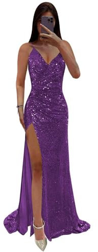 Robe de soirée formelle à bretelles spaghetti et paillettes pour femme, violet, 48