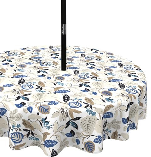 LVTXIII Runde Tischdecke für den Außenbereich, 152,4 cm, wasserdicht, mit Reißverschluss, Picknick-Tischdecke mit Schirmloch für Zuhause, Garten, runder Tisch, Brise-Blätter, Beige