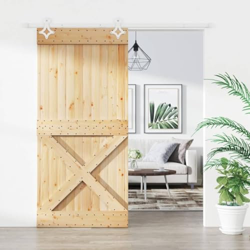 Baziroo Schiebetür mit Beschlag Weiß 95x3,6x210 cm Massives Kiefernholz und Stahl Innentüren Wooden Door Sliding Door Schibetür Wohnzimmertuer Zimmertüren Scheunentor Holztuer