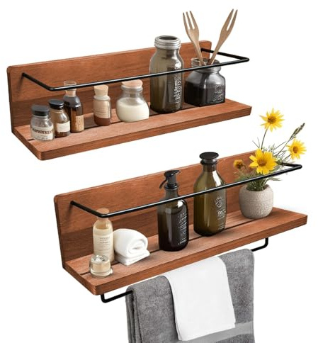 Mein-Regal Wandregal 2er Set Kim aus Paulownia Holz, Braun, 40 x 10 x 10 cm | Hängeregal mit Handtuchhalter, Schweberegal für Arbeitszimmer, Badezimmer, Büro, Küche, Schlafzimmer, Wohnzimmer