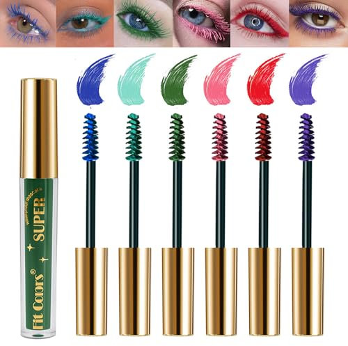 Mrettick 6 Farben farbige Wimperntusche Set für Wimpern, lila grün rosa rot bunte wasserfeste Wimperntusche charmante lang anhaltende voluminöse Mascara Augen-Make-up