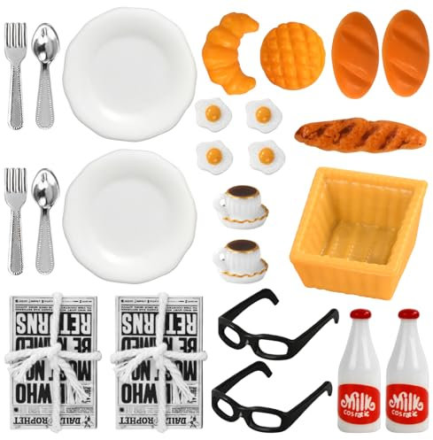 Miniatur Lebensmittel Puppenhaus, Miniatur Puppenhaus Zubehör Essen, Miniatur Wichtel Zubehör, Miniatur Brot Zeitungen Brille Miniatur Geschirr, 1:12 Miniatur Küchenzubehör Puppenhaus Essen